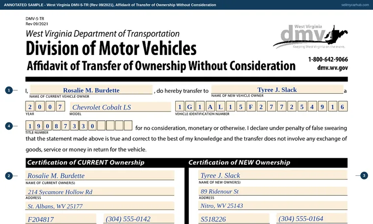 Top of our filled-in example of West Virginia DMV-5-TR, Affidavit of Transfer of Ownership Without Consideration