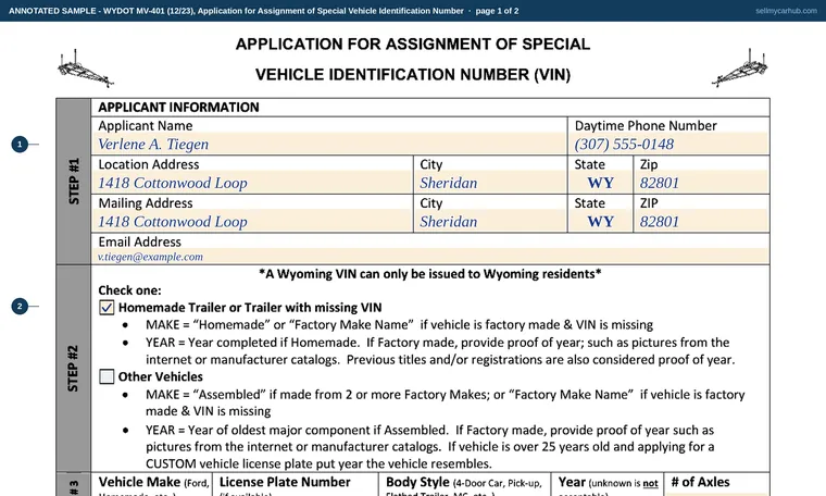 Top of page 1 of our filled-in example of Wyoming MV-401, Application for Assignment of Special Vehicle Identification Number (VIN)