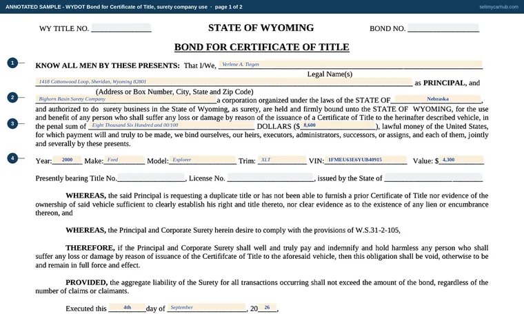 Top of page 1 of our filled-in example of Wyoming Bond for Certificate of Title, Bond for Certificate of Title (surety company use)