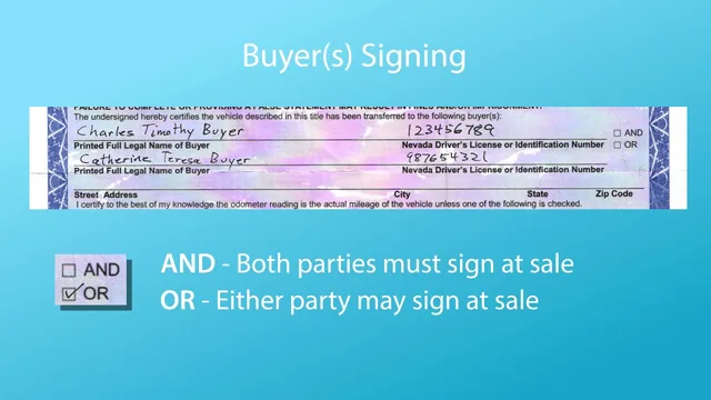 A Nevada certificate of title held against a window, a hand about to sign it with a green pen